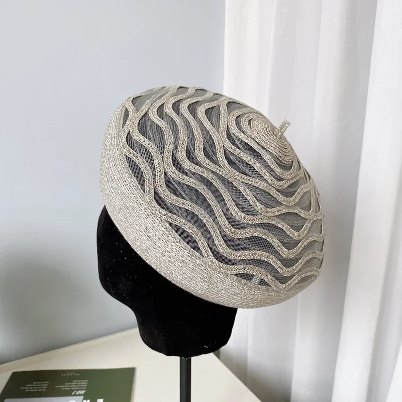 Boina de paja elegante para mujer, malla de encaje transpirable, gorra de pintor, sombrero para el sol, primavera y verano