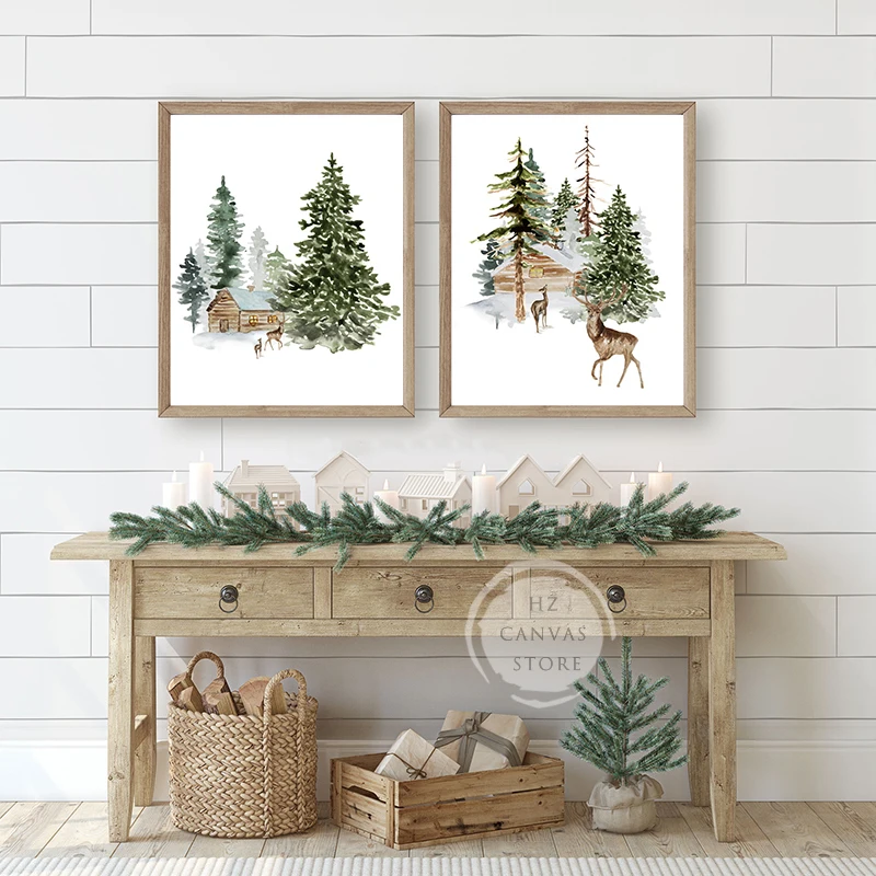 Winter Forest Deer Watercolor Poster and Print Canvas Painting Christmas Reindeer Wall Art Picture for Room Home Holiday Decor