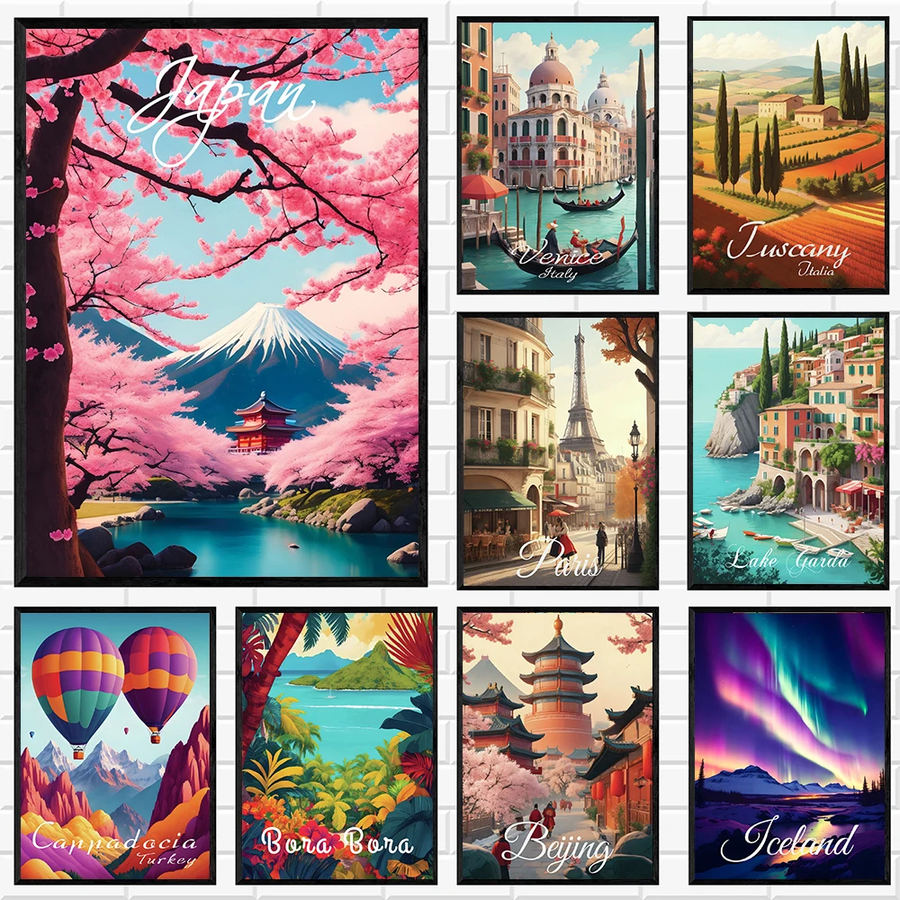 World Famous Cities Travel Canvas Print Paintings Cherry Blossom At Mount Fuji Japan,Eiffel Tower Paris Travel Poster Home De