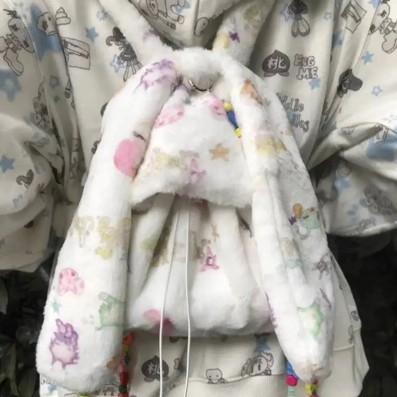 Japanese Cartoon Print Fluffy Chic Backpack Women Kawaii Cute Rabbit Ears Backpacks Girls Students Fashion Ins Schoolbags Trendy