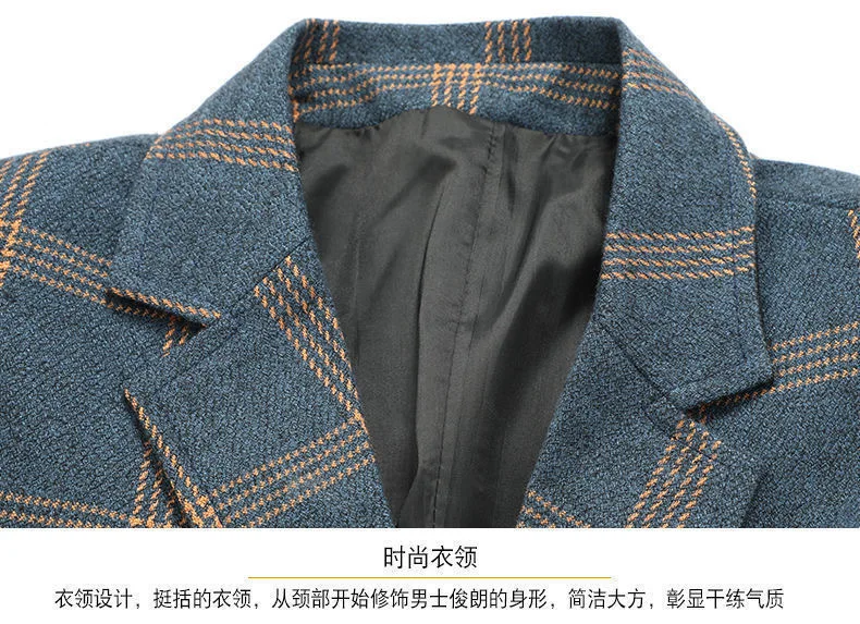 

Новый мужской коричневый пиджак в полоску и клетку 2026 года, синяя деловая повседневная верхняя одежда, однобортный пиджак с длинным рукавом и V-образным вырезом.