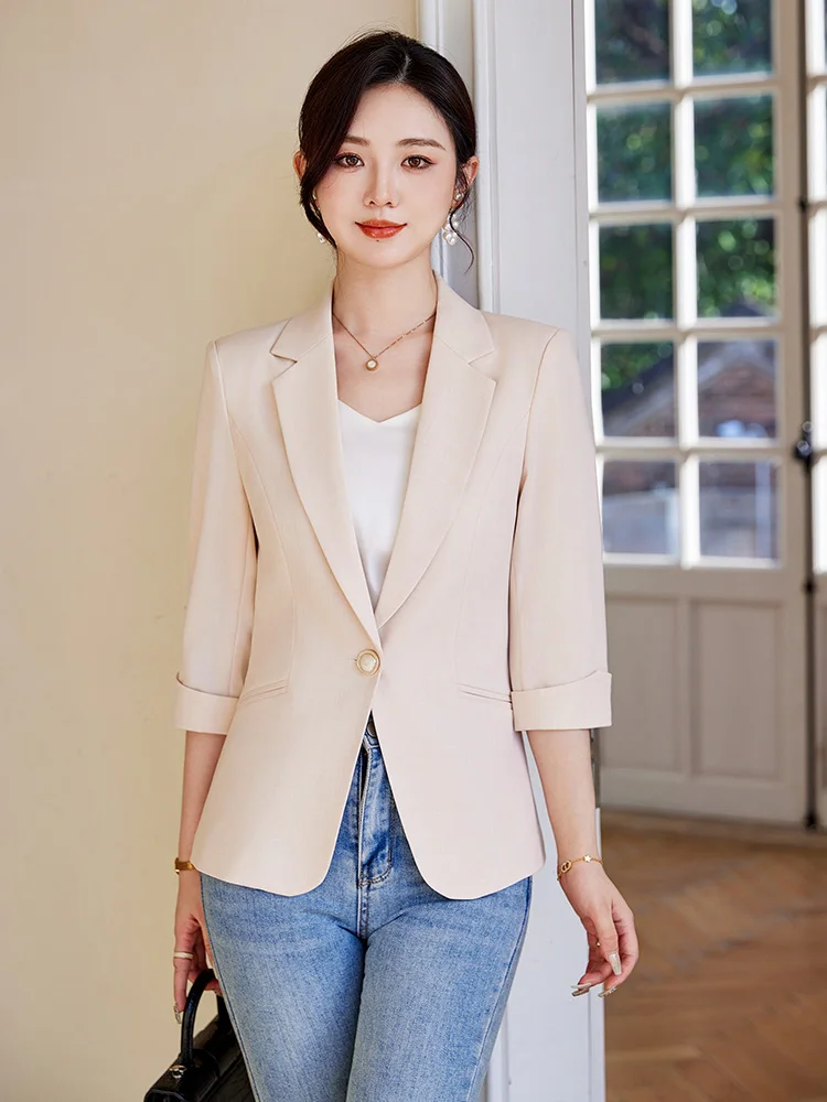 Cherry Blossom Colored Women's Suit Jacket Casual Commute Seven-Quarter Sleeve Classic Style Professional Fashionable Top