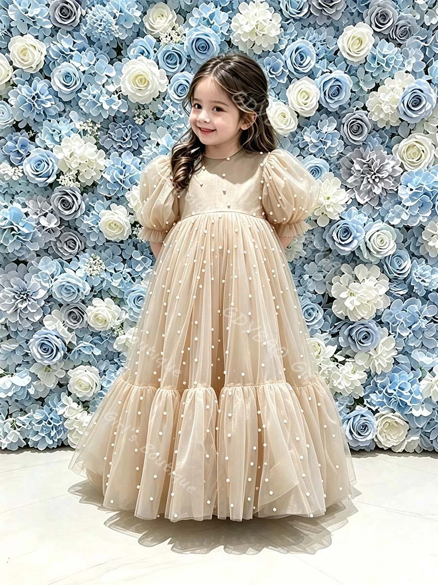 Elegant Girls Princess Dress Polka Dot  Puff Sleeves Flower Girl Dress for Wedding Party Ruffled Tulle Communion Frock Custom