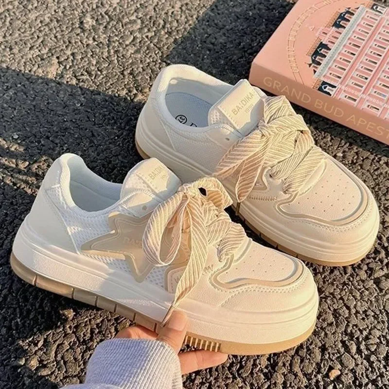 SyfIyno New Beige Cute Girls Students Casual Chunky Shoes Women White Sneakers Tennis Female Platform Skateboard Shoes Low Top