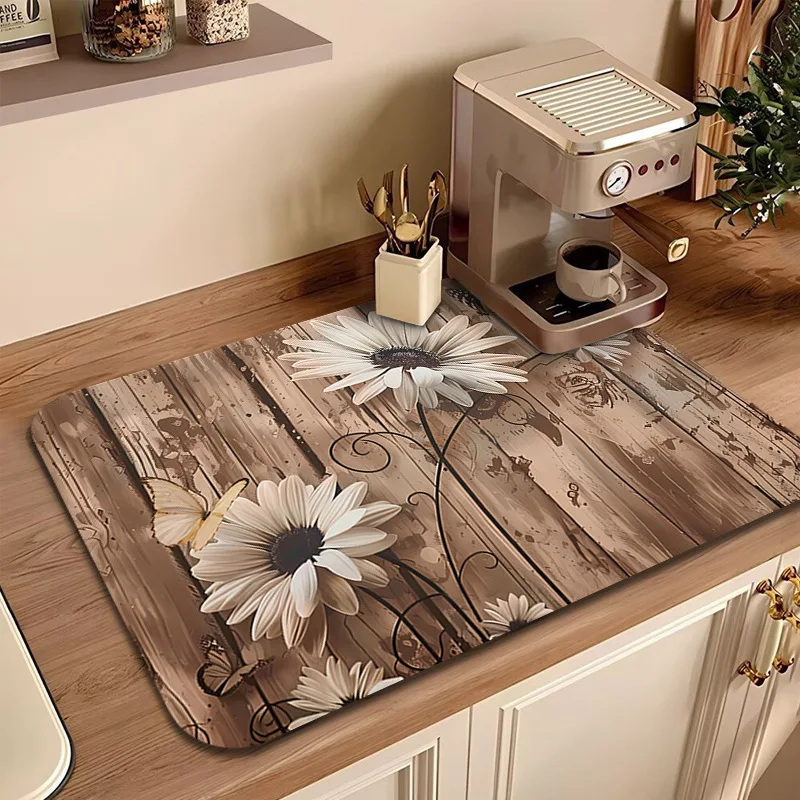 White Marble Drainage Mat, Classic Stone Pattern Kitchen Countertop Drying Pad, Non-Slip Diatomite Mat
