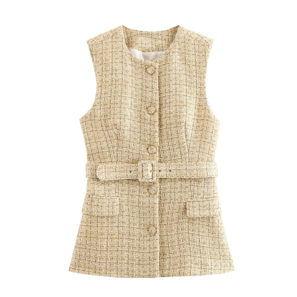 

Zach Ailsa Autumn New Product Women's Fashion Small Fragrant Style Round Neck Buckle with Belt Texture Tank Top and Horse Clip