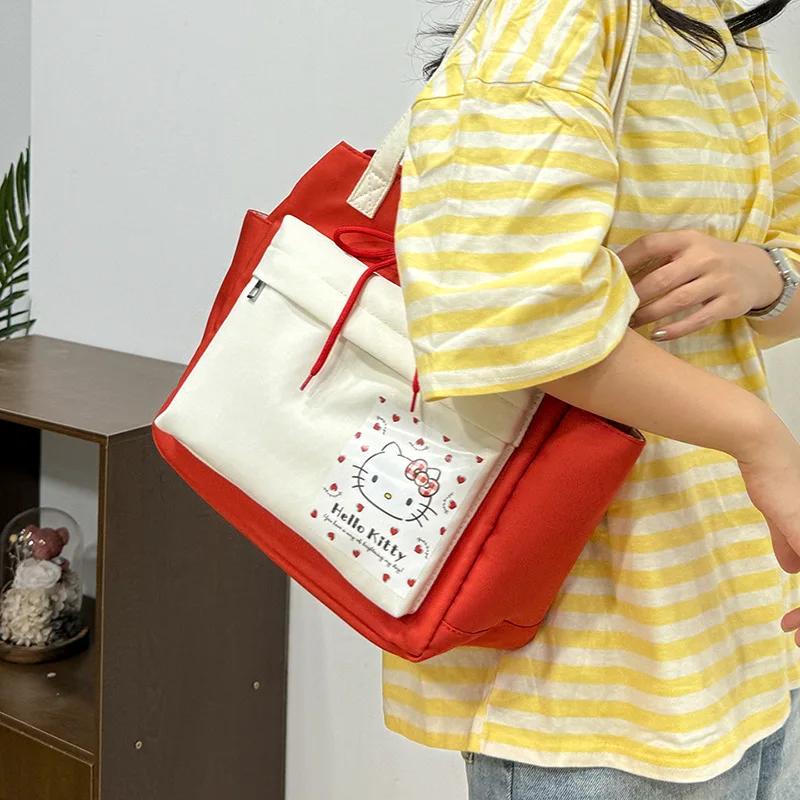 Hello Kitty cartoon contrast color waterproof large-capacity drawstring pocket Kuromi Cinnamoroll Melody one-shoulder tote bag