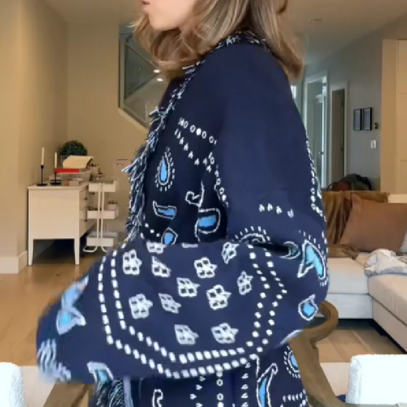 Kwastje Patchwork Gedrukt Vest Vrouwen Geometrische Patronen Riemen V-hals Lange Mouw Gebreide Straat Dame Trui 2025, Herfst Jas