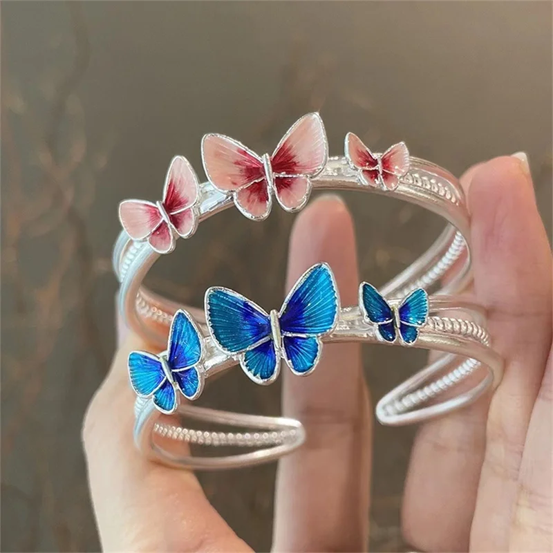 New Pure Silver 999.9 Enamel Three Butterfly Bracelet, Ladies' High Fashion Design Open Bracelet Handmade Gift 28g