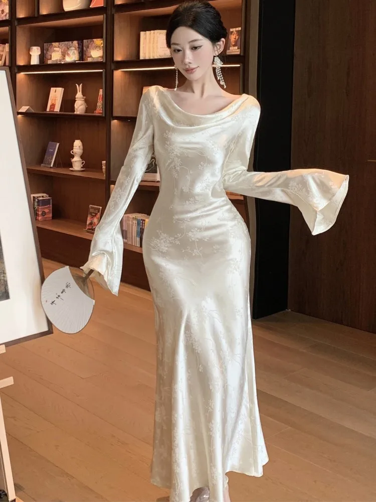 

Women French Evening Long Dresses with Sleeves Elegant Stain Swinging Collar Wedding Party Dress korean Vintage Slim Vestidos