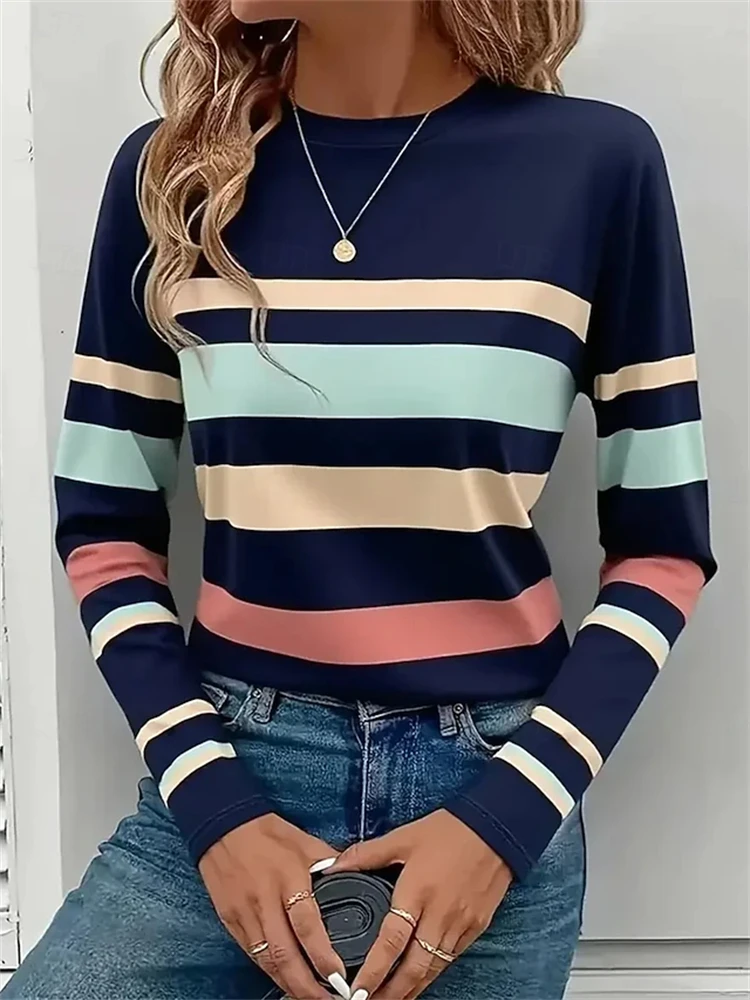 Women's Fall Fashion Long-Sleeve Casual T-Shirt Striped Print Round Neck Simple and Comfortable Loose Fit Commute Long Sleeves