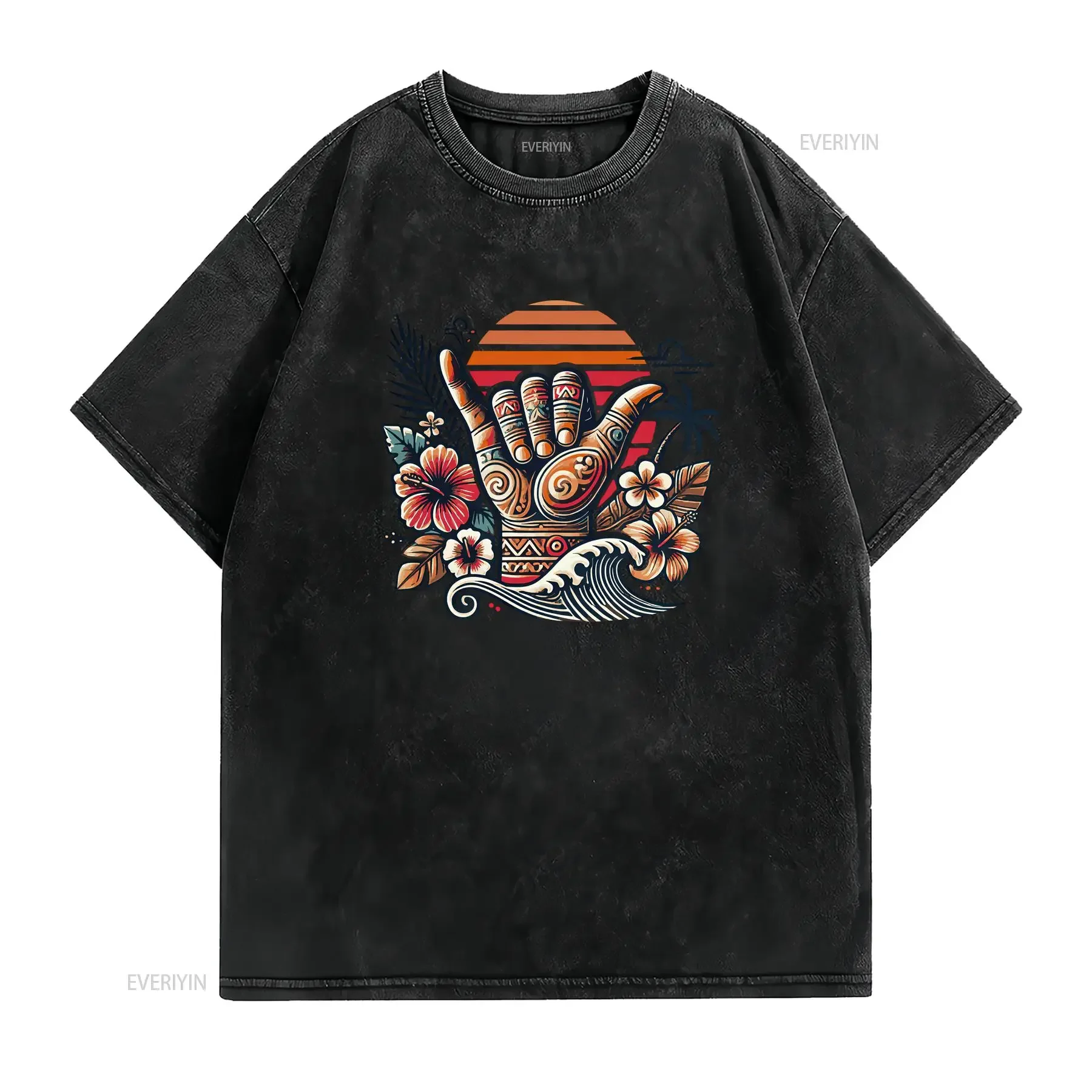 Shaka Hawaiian Gesture of Friendship and Aloha Style T Shirt vintage Washed designer clothes Versatile Breathable fashion