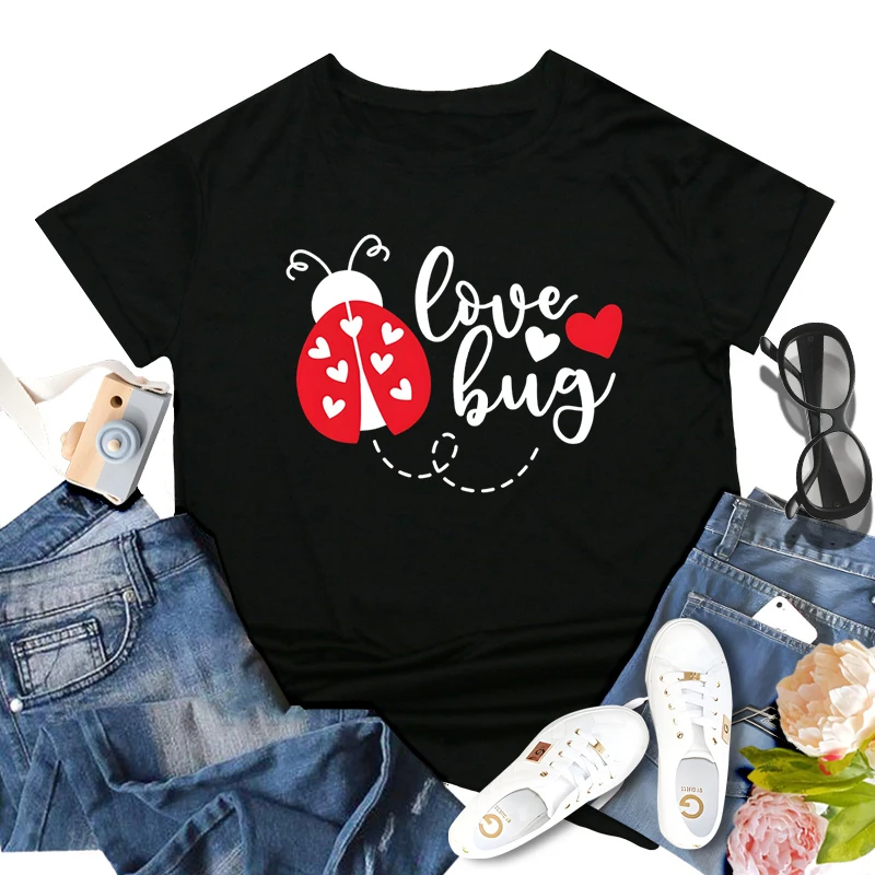 Love Bug Valentines Day Shirt for Woman Heart Love Bug Fashion Casual Tops Lady Bird Valentines Crew Neck Short Sleeve T-shirt