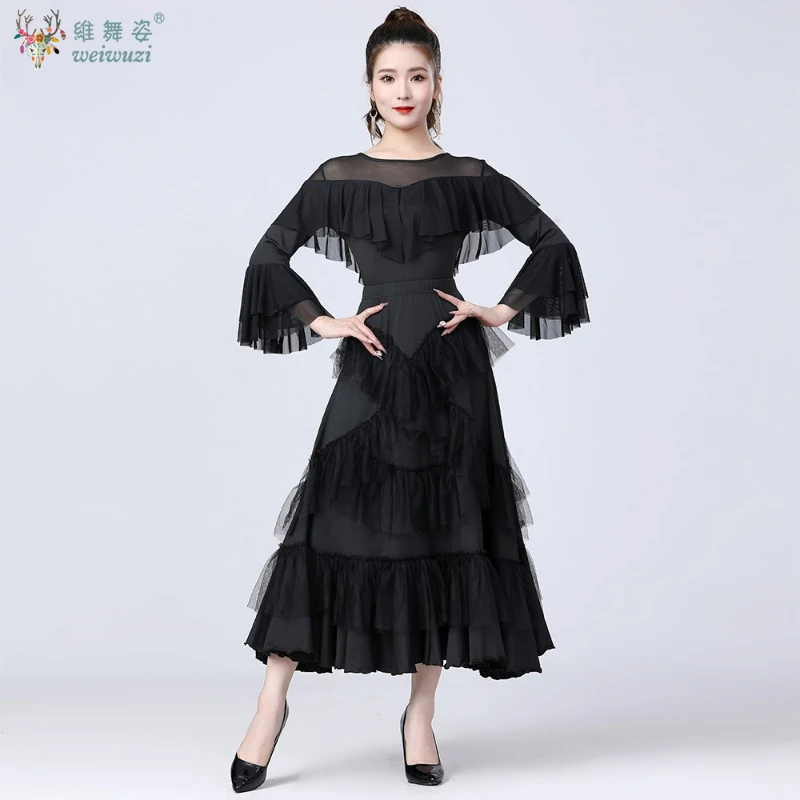 

Ballroom Dance Dress Performance Clothing Flared Sleeves Big Swing Dresses Women Latin Ballroom Waltz Competition Costumes