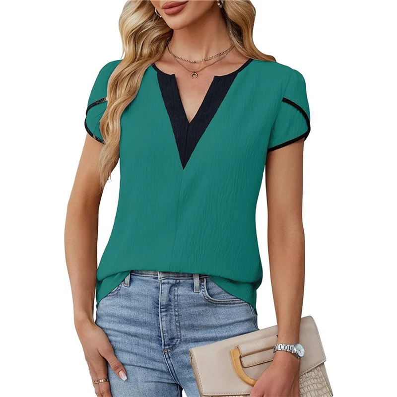تي شيرت نسائي بأكمام بتلات ورقبة على شكل حرف V كاجوال تي شيرت صيفي أساسي #2