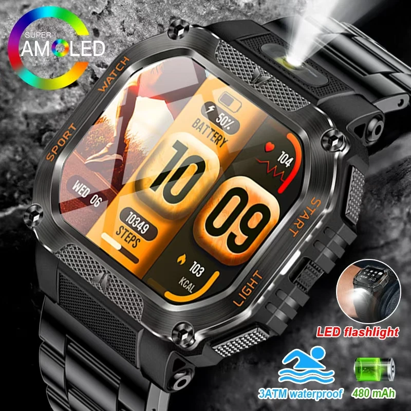 

Men Outdoor Smart Watch HT34 LED Flashlight BT Calling Voice Assistant 1.75inch Large Screen Sports Fitness Tracker Smartwatch