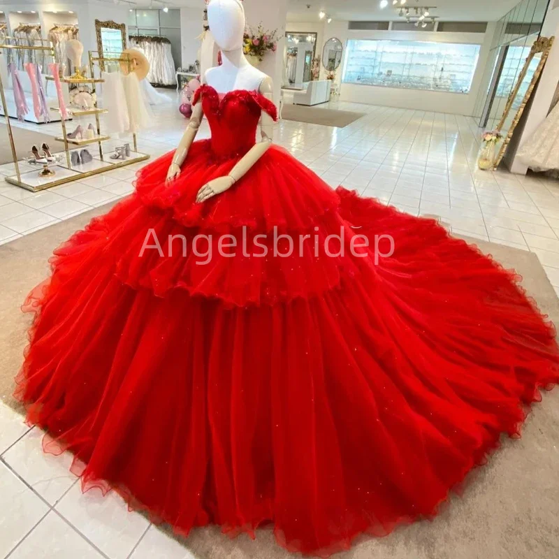 

Angelsbride Elegant Red Ball Gown Quinceanera Dresses Vestidos De 15 Quinceañera Tiered Glitter Tulle Princess Party Dress