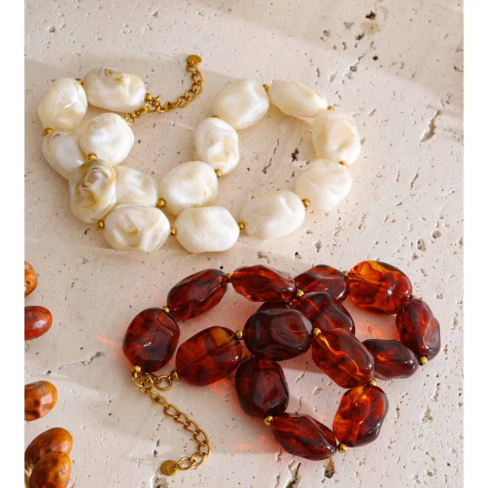 Amber Beige Acrylic Resin Beaded Jewelry Set: Necklace Bracelet Bangle