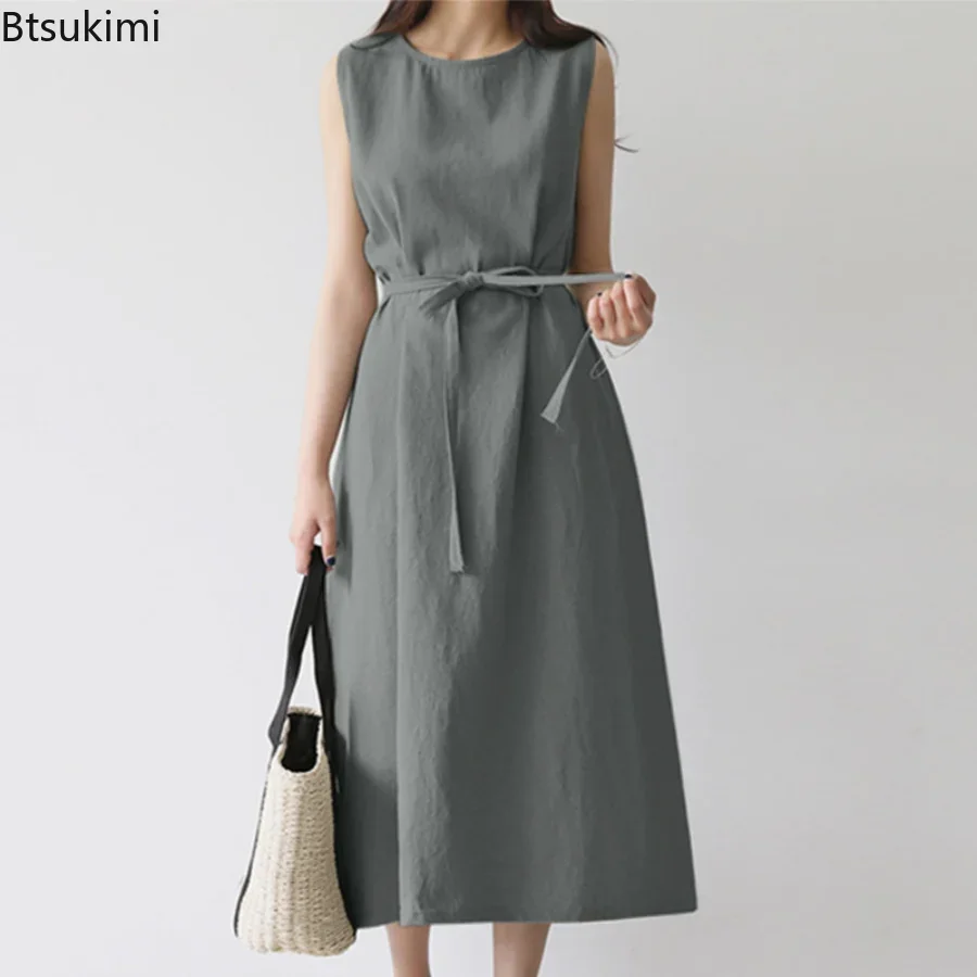 2024 Women's Summer Elegant Long Dress Solid Sleeveless O-Neck Beach Holiday Dress Female Cotton and Linen Oversized Dress 5XL