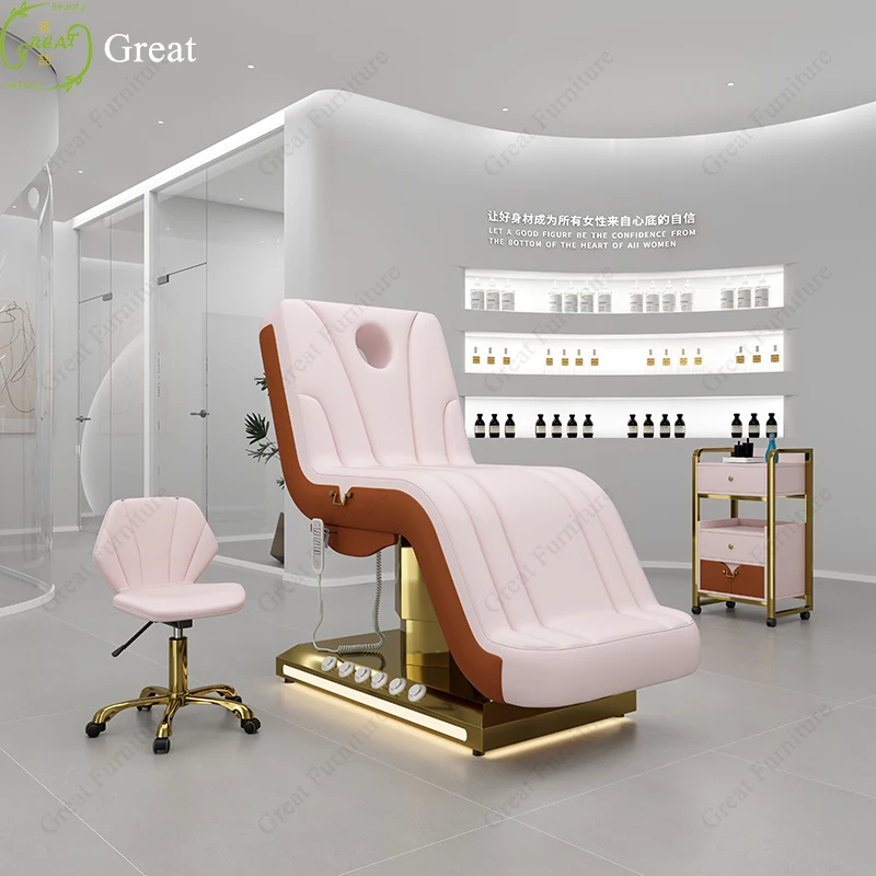 

2024 New Arrival Design pink Leather Gold Base Massage Table 3 Motor Electric Facial Spa Bed With Foot Control