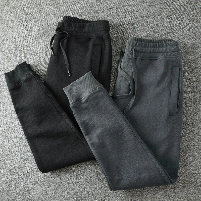Retro Waed Fce Lined Slim Fit Men's Knitted Cotton Sports Pants Autumn Winter Heavyweight Casual Trousers Trendy Long Pants