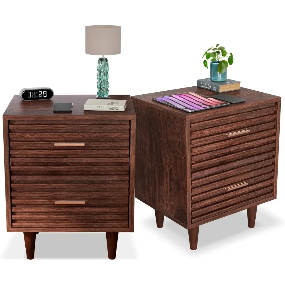 

Mid Century Modern Nightstand, with 2 Drawer, Accent side Tables with Solid Wood Legs, End Table Vintage Bed Side Tables