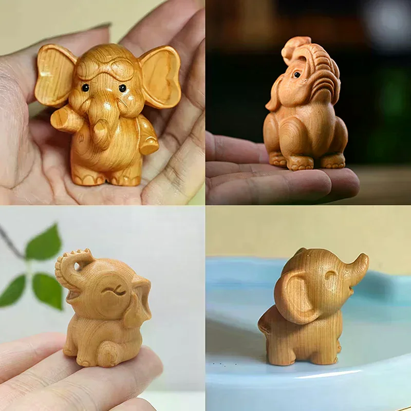 /PFU/Wooden Elephant Figurines Cute Elephant Statue Decorative Ornament Home Desktop Decor Car Decoration Hand-Carved