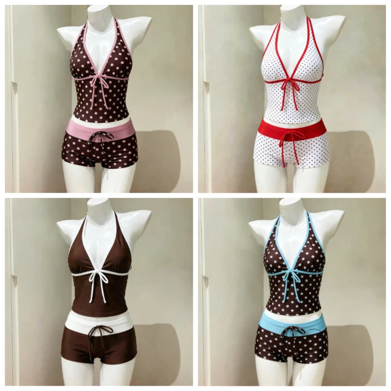 

Seaside Style Womens 2-Piece Swim Suits Halter V Neck Tie Cami Top Slim Fit Contrast Waistband Holiday Beach Swimming Wear