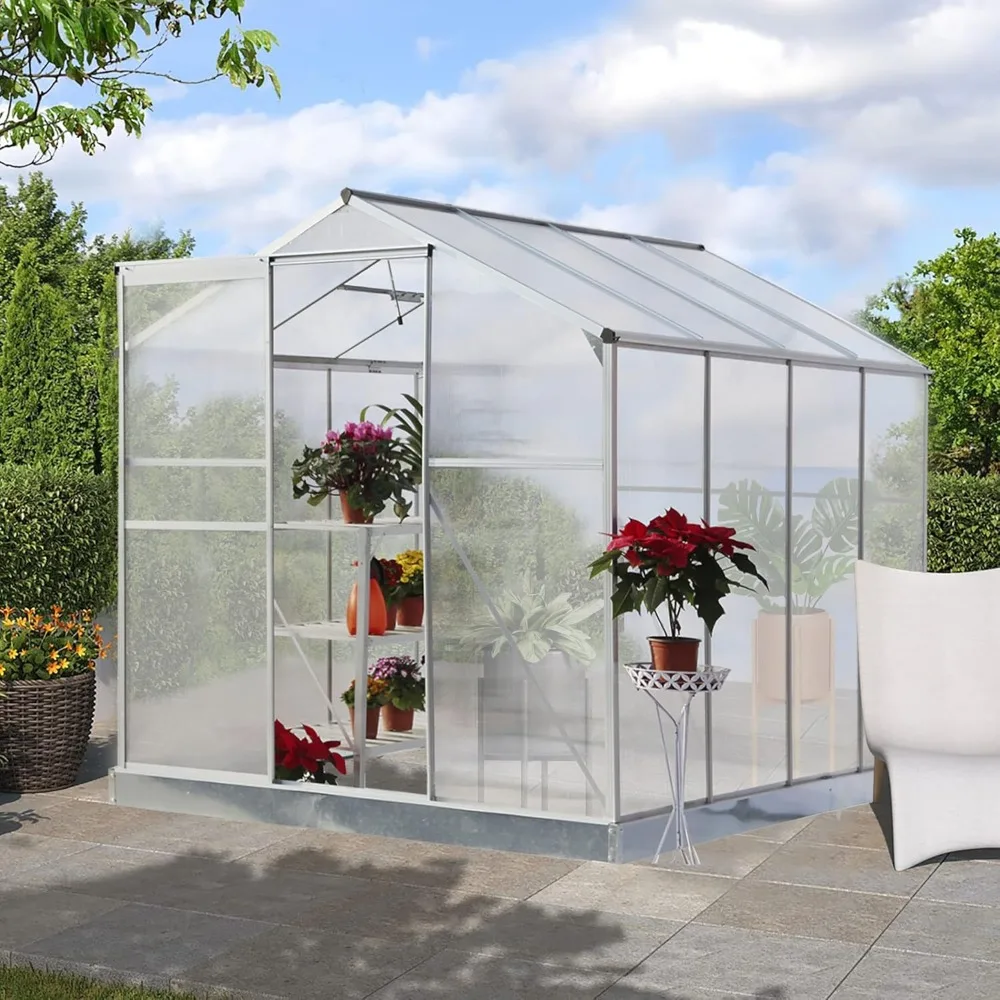 

6x8 FT Hybrid Polycarbonate Greenhouse with Lockable Hinged Door, Sliding Door and 2 Vent Window, Walk-in Hobby Greenhouse