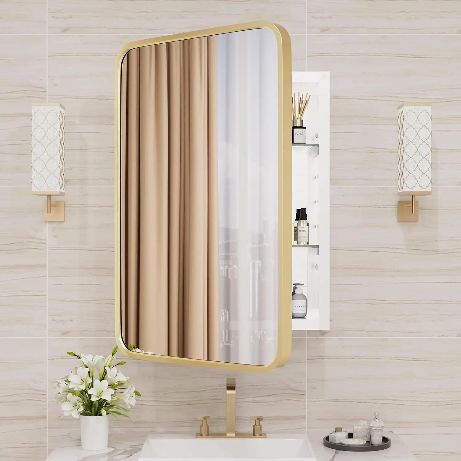 WallByond Bathroom Medicine Cabinet with Mirror 16x24 Inch Gold Recessed Round Corner Aluminum Alloy Metal Framed Single Door