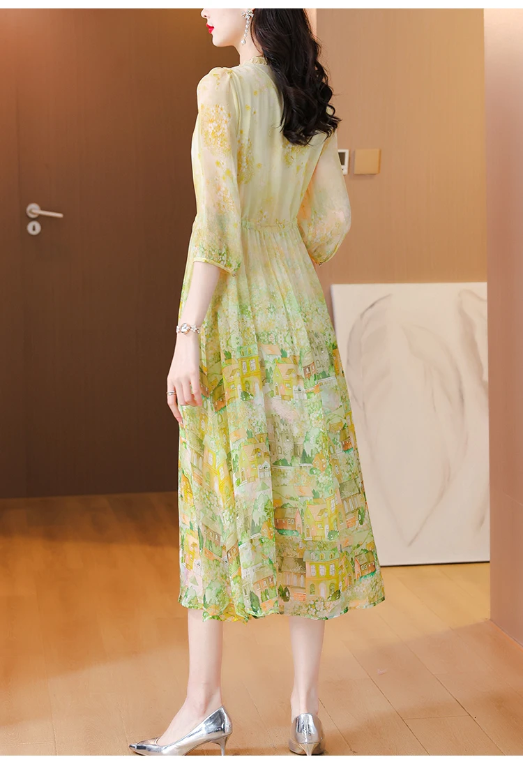 2024 Spring/Summer New Lady V-Neck Heavyweight Silk Mulberry Silk Printed Waist Wrap Dress Women's Style Silk Dress