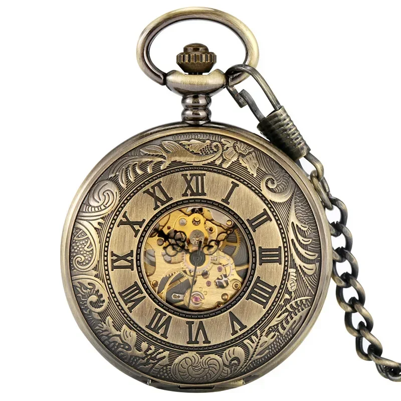 Bronze Steampunk Skeleton Pocket Watch Carving Roman Numbers Men Women Hand Winding Mechanical Clock FOB Pendant Chain Gift