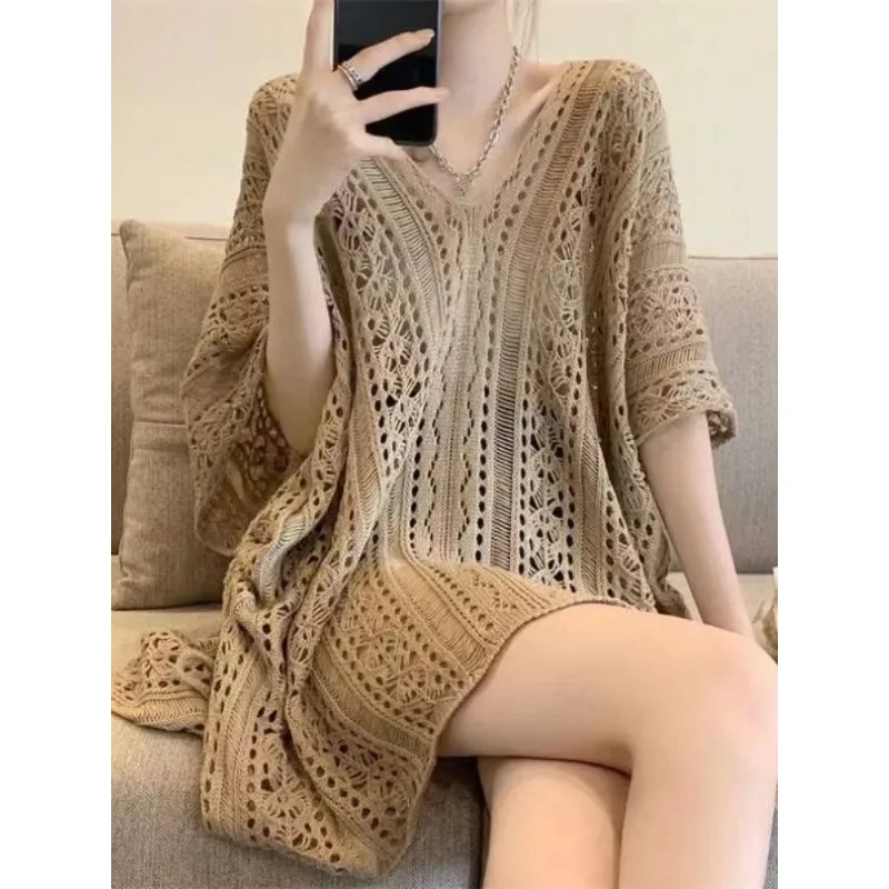 

Baggy Pullovers Women Hollow Out Design Slouchy V-neck Knitted Sweaters Holiday Casual Korean Fashion Vintage Comfortable Girls