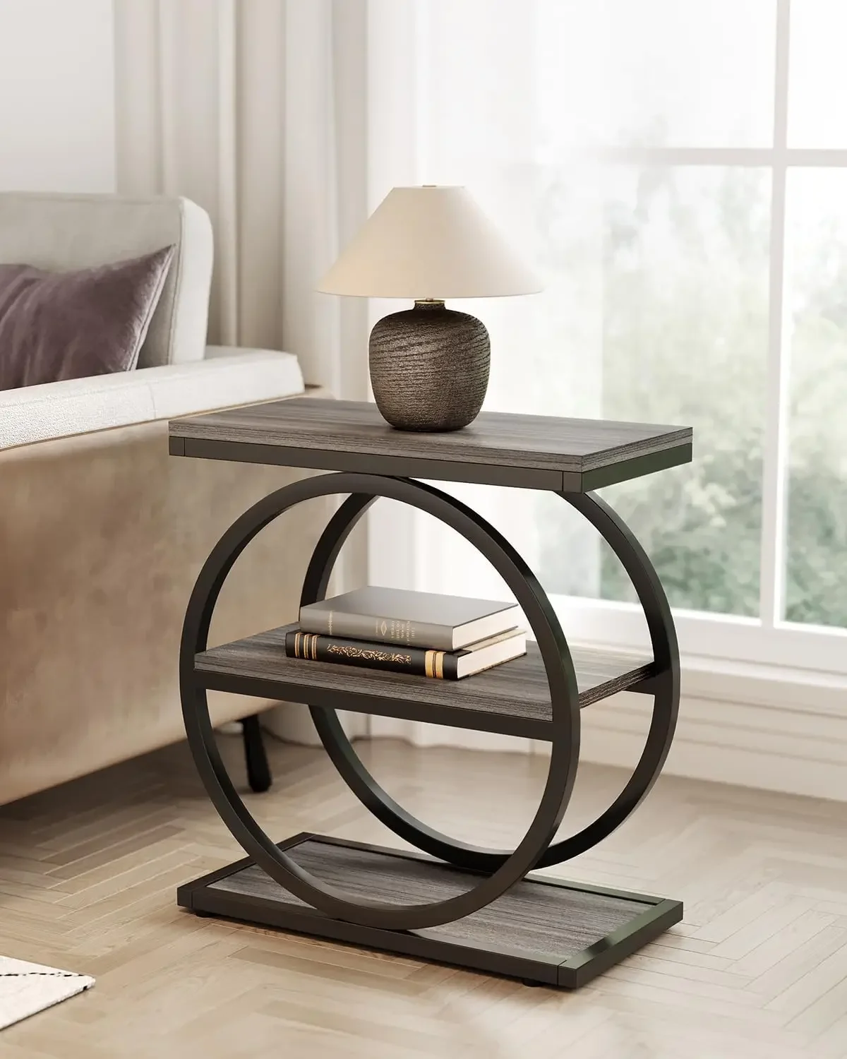 

3-Tier Slim Grey and Black Sofa Side Table Ideal for Living Room and Tall Bedside Table Nightstand for Bedroom