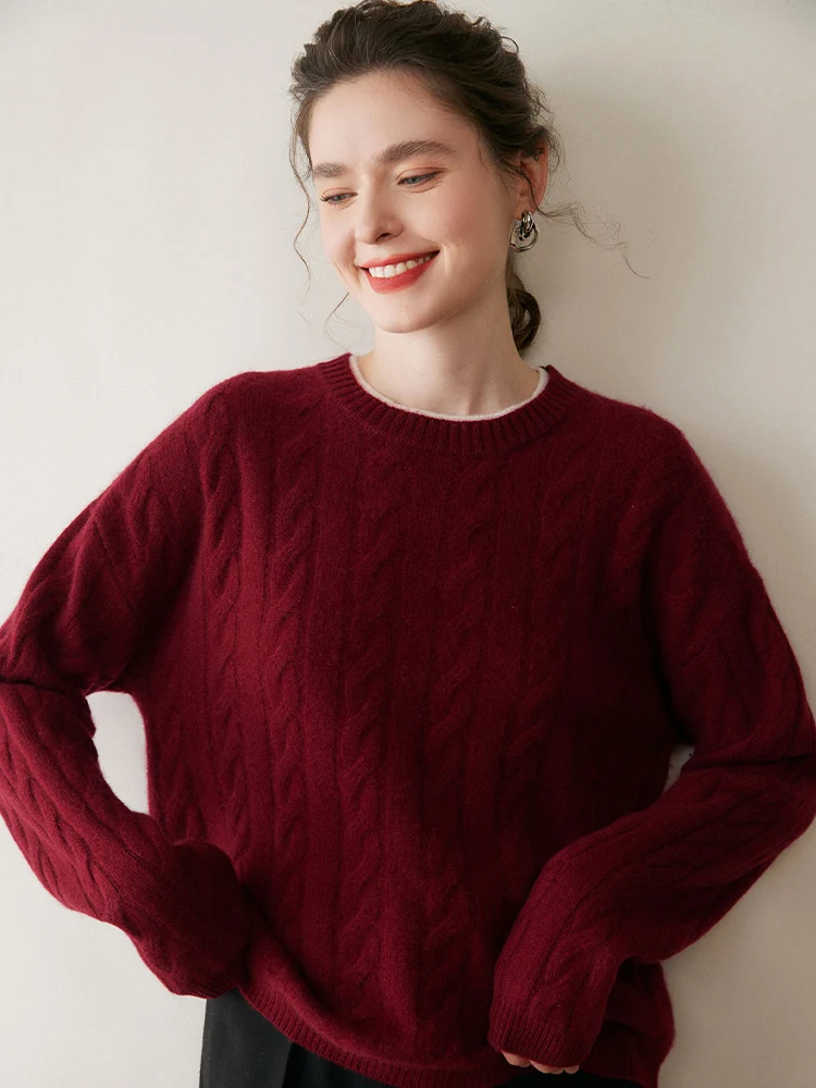 New Women 100% Cashmere Sweater Cable Knitting O-neck Pullover Cashmere Knitted Autumn Winter High Quality Basic Long Sleeve Top