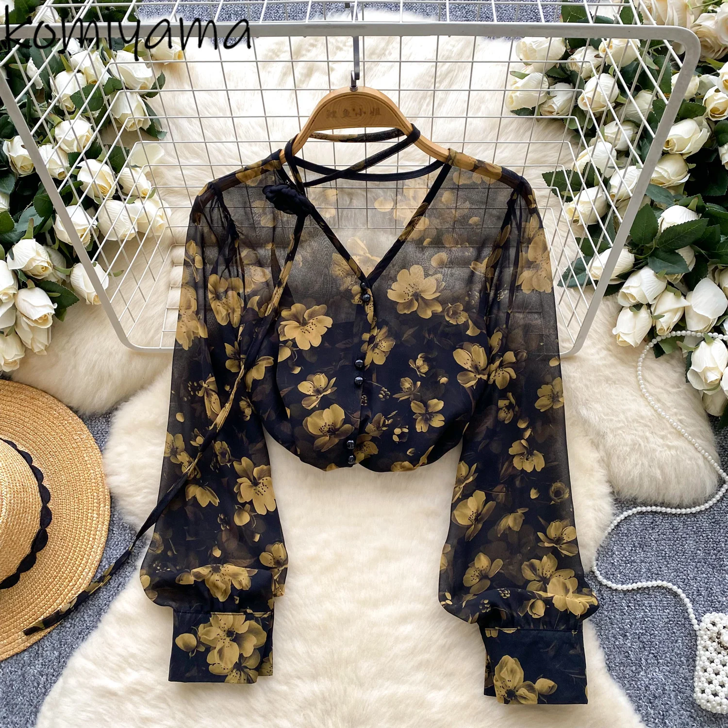 

Broken Flower 2025 Woman Shirts & Blouses Mesh V-neck Ropa De Mujer Long Sleeve Blusas Autumn New Clothing Temperament Camisas