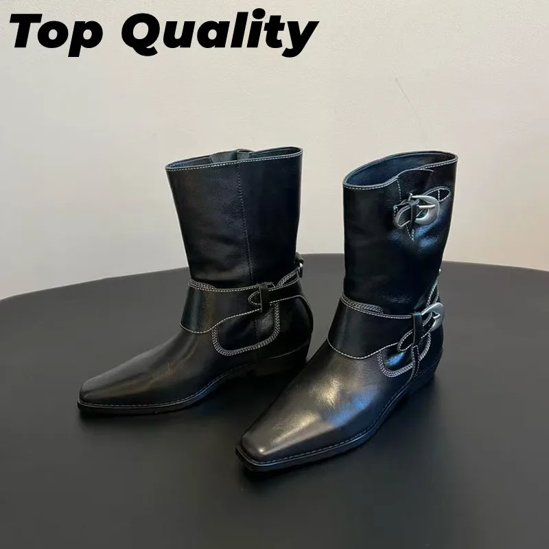 Women's minimalist tower buckle design elastic boots women's real leather material fashionable elastic short boots