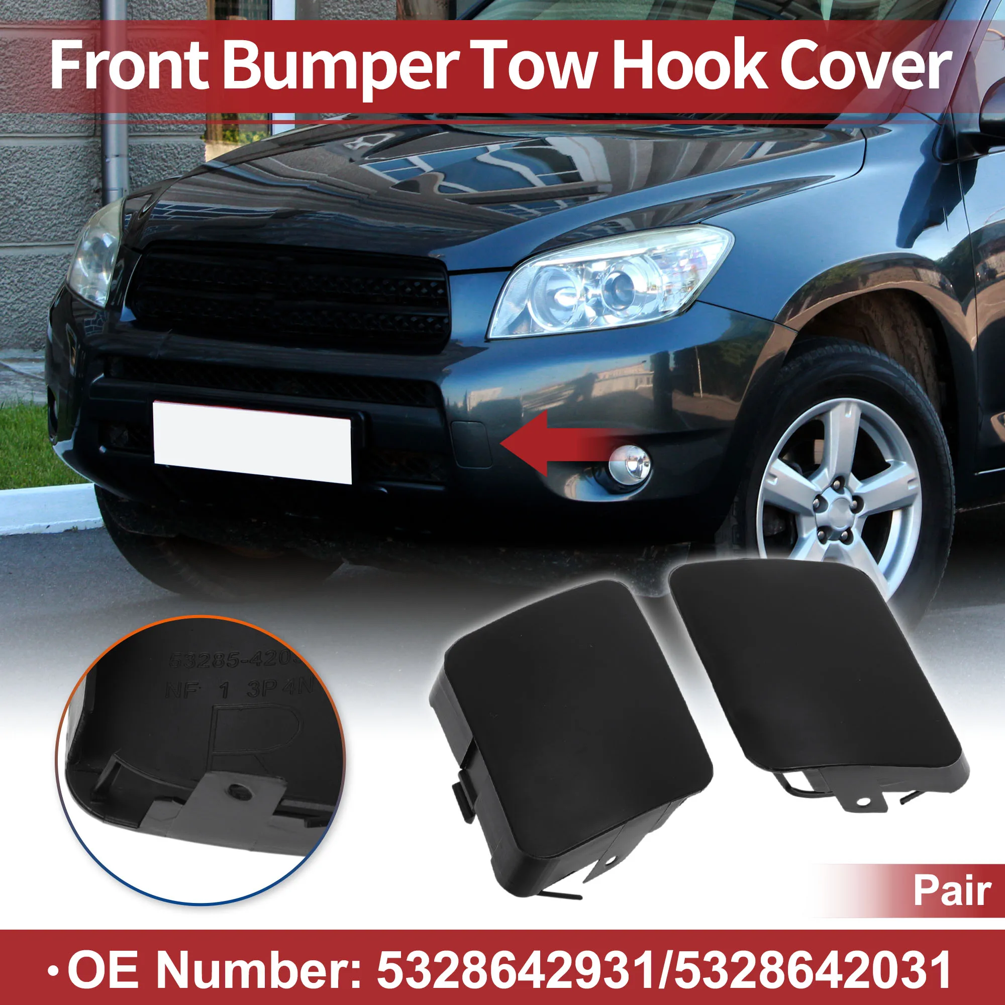 

X Autohaux Front Car Tow Hook Cover Cap for Toyota RAV4 2006-2008 No.5328642931 Black 1Pair