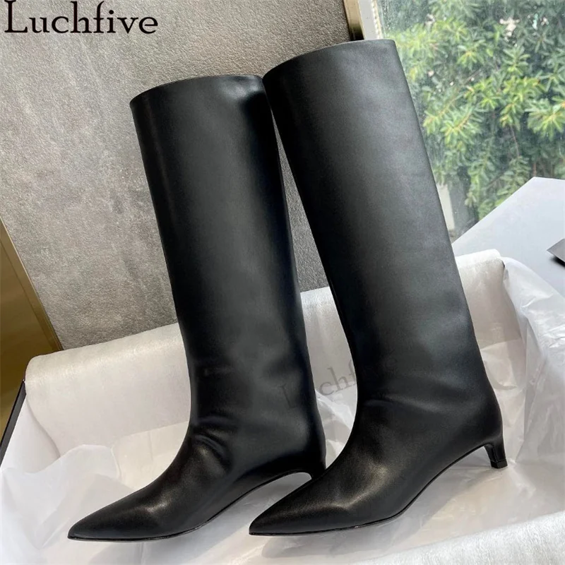 

Genuine Leather Pointy toe Knee High Boots Women Kitten Heels Chelsea Short Boots Autumn Winter Runway Fashion Week Boots femina