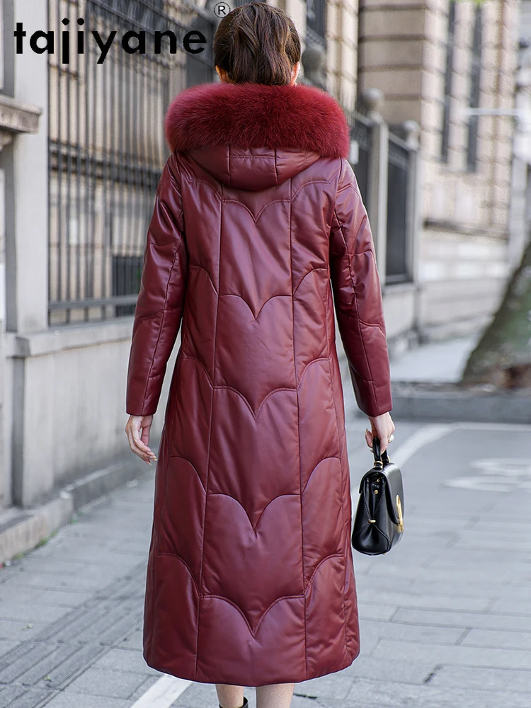 TAJIYANE 100 % Schaffell-Gänsedaunenmantel für Damen, Fuchspelzkragen, Mäntel mit Kapuze, rote echte Lederjacke, Winter-Frau-Kleidung, 2025 α Turismo