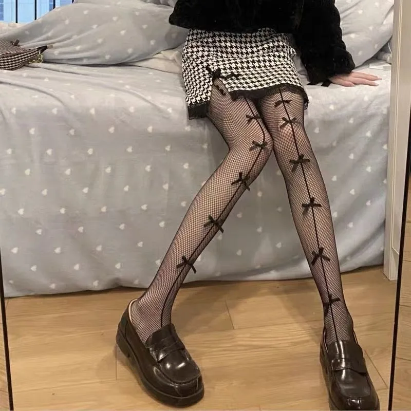 Mulheres sexy oco para fora bowknot collants fishnet malha camarão fio de fundo meia-calça lolita anime cos trajes bonito arco meia