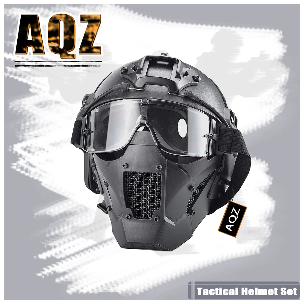 Tactical Fast Helmet Set Air Gun Steel Mesh Protective Mask and Goggles, for Hunting Paintball CS Game BB Gun Shooting