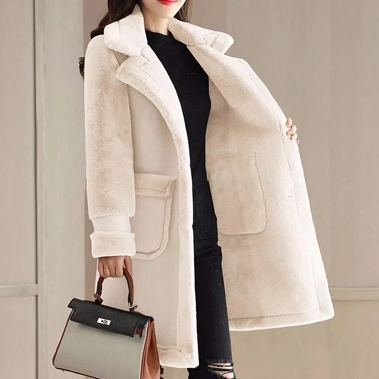 Lamb Wool Coat Women\'s Mid-length Jacket 2024 Winter Wear Plus Velvet Loose Coat Deerskin Frosted Fleece Fur Splicing Fur Coat