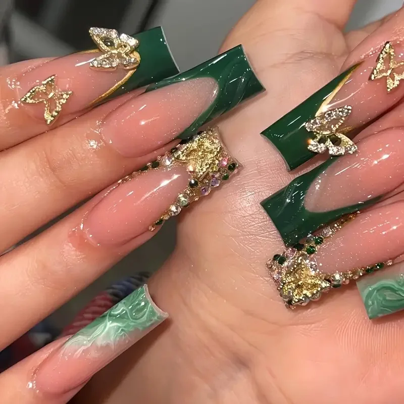 24pcs Stylish 3d Gold Butterfly Nail Art Press on Nails Acrylic Long Square Fake Nails Set with Glue Green French Nail Tips 2025