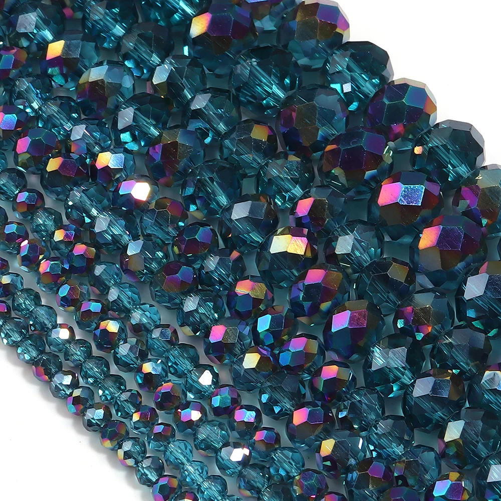 

1 Strand 3 4 6 8 10mm Faceted Crystal Beads Peacock Blue Rondelle Flat Glass Loose Spacer Beads For Jewelry Making DIY Necklace