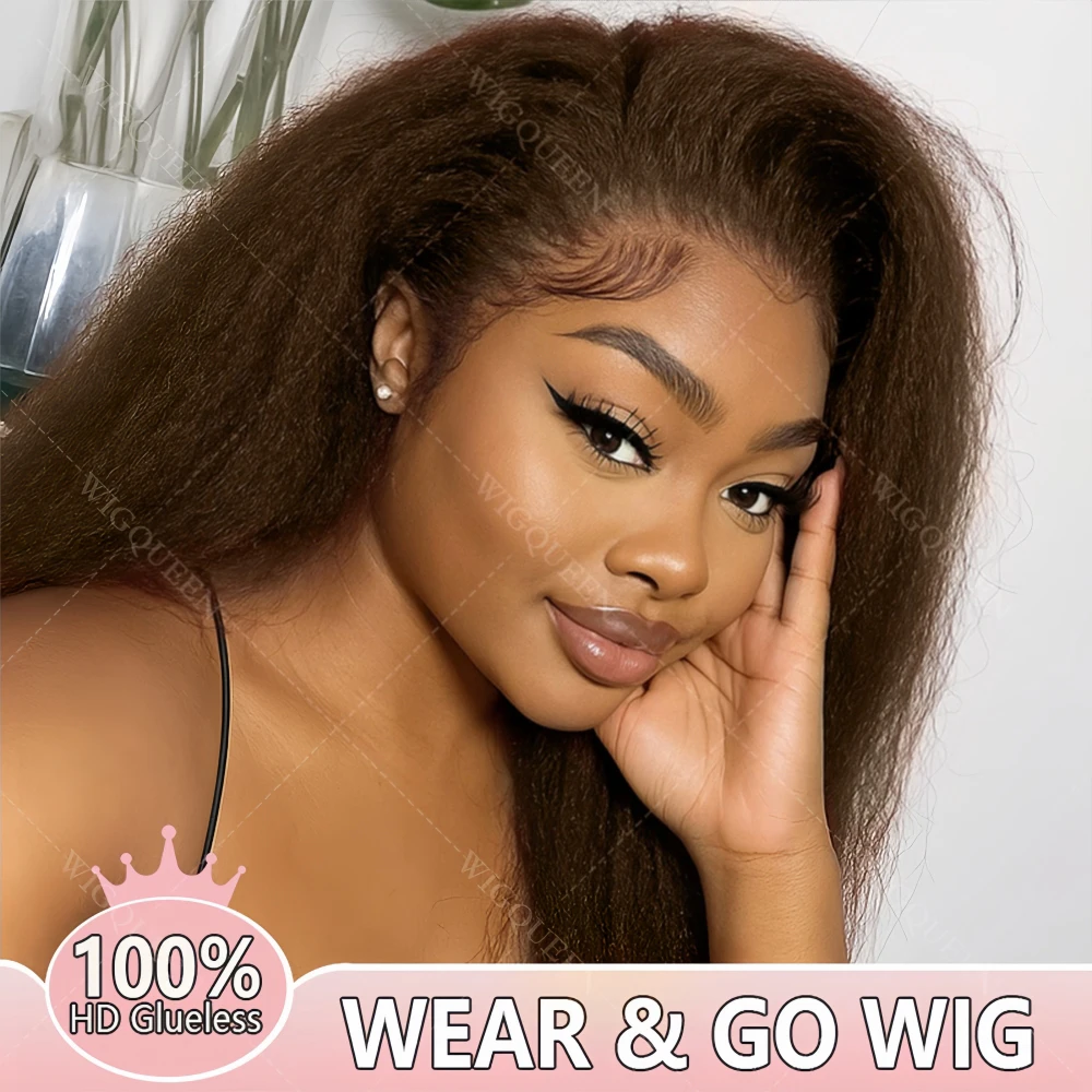 

Fluffy Kinky Straight Human Hair Wigs 13x6 Invisible HD Lace Frontal Wigs Brazilian Chocolate Brown Color Melt Skins HD Lace Wig