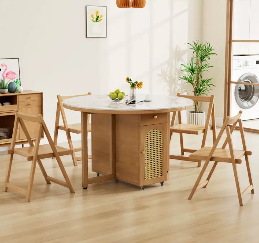 Folding Dining Table Set Extendable Butterfly Drop Leaf Table Rattan Storage Cabinet Marble Grain Top On Casters Space Saving