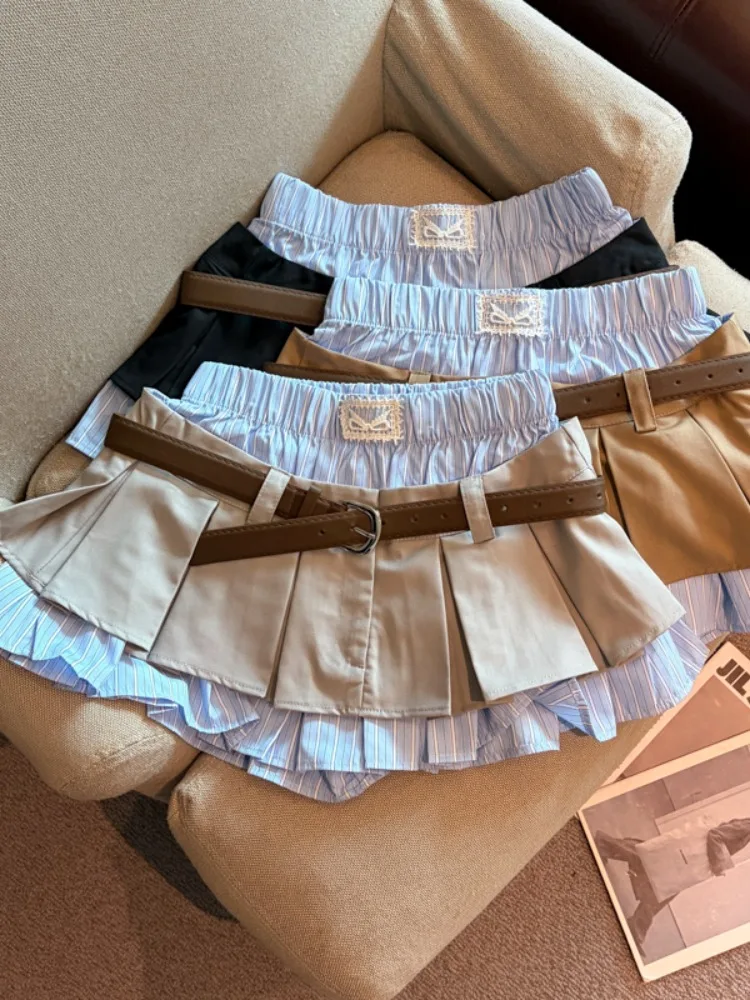 High Waist Pleated Skirt Women's Summer Slimming Checkered Patchwork Skirts Korean Style Breathable Skin-Friendly Knitted