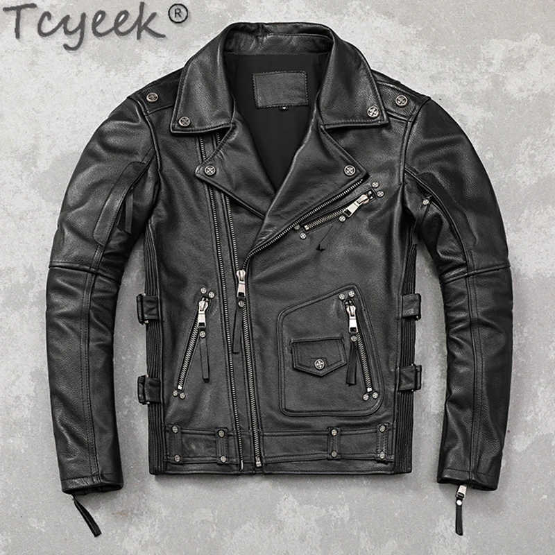 Tcyeek Genuine Leather Jacket Men Top Layer Cowhide Coats Spring Autumn Leather Coat Men's Motocycle Jackets 2024 Jaqueta Couro