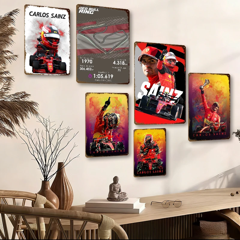 Carlos Sainz Racing Driver Wall Art Metal Posters Customizable Vintage Metal Tin Signs for Fans Man Cave Living Room Decor House